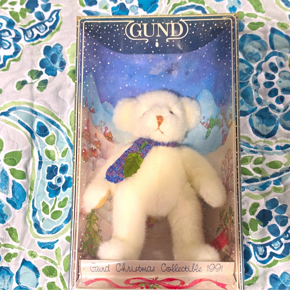 GUND 1991 Christmas Collection Vintage White Teddy Bear Plush in Box 6-14in